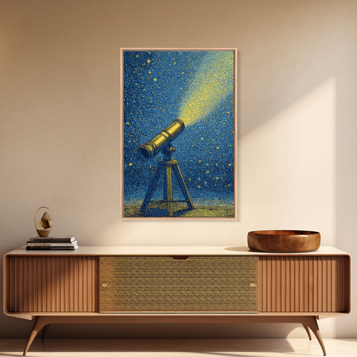 Blue Night Telescope Canvas Print, Mid Century Modern Astronomy Poster, Starry Space Wall Decor, Retro Science Gift For Him