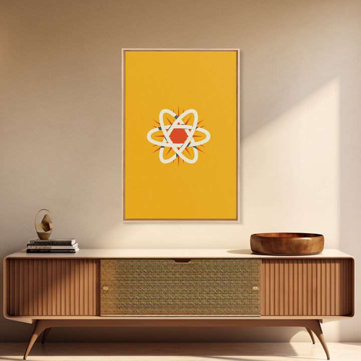 Minimal Atomic Symbol Canvas Print, Mid Century Modern Science Poster, Yellow Orange Geometric Wall Decor, Retro Lab Art
