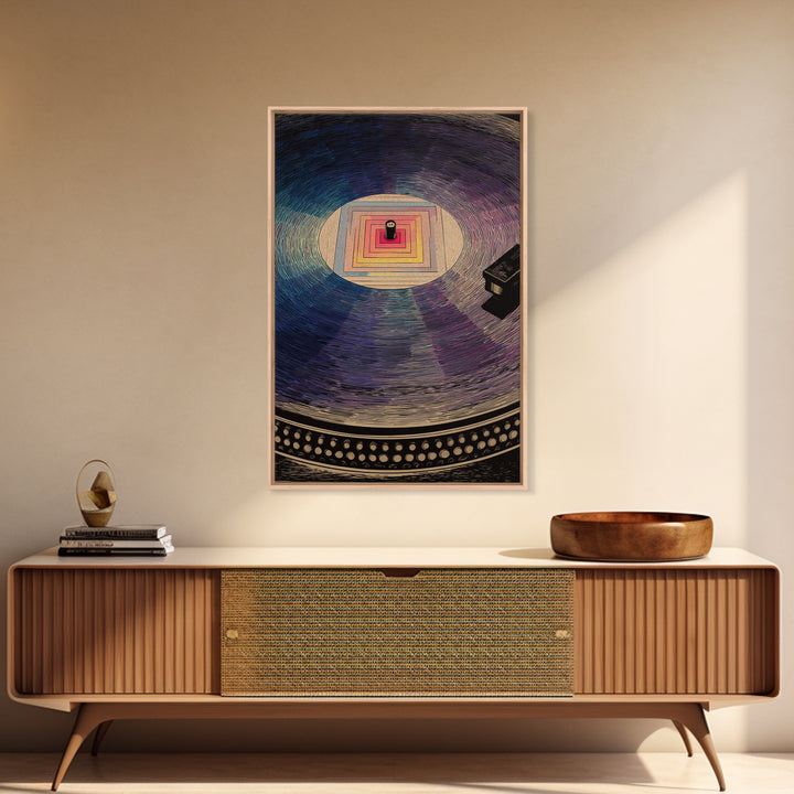 Square Label Vinyl Record Framed Canvas Print, Modern Abstract Wall Art, Retro Turntable Poster, Blue Purple Music Decor