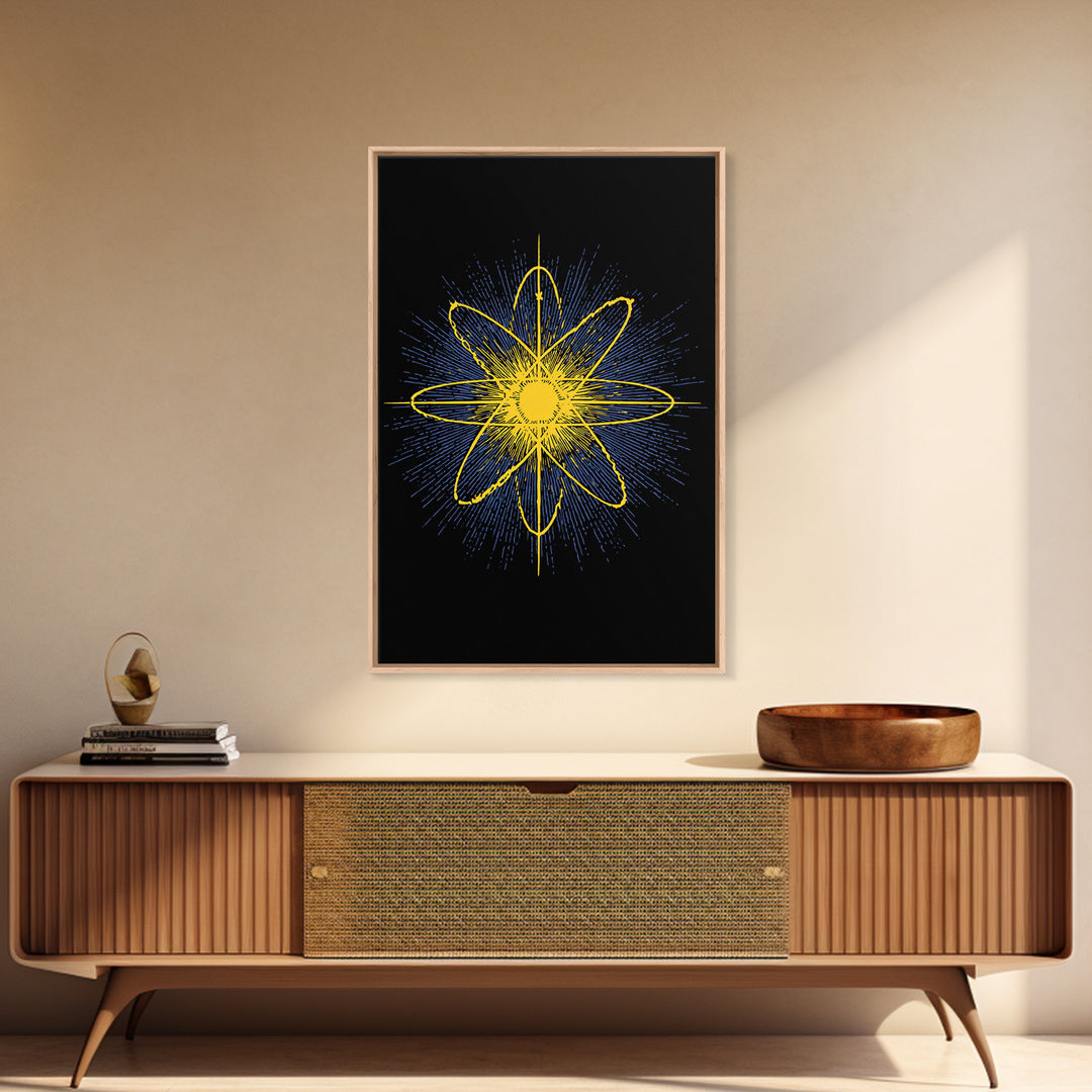 Yellow Atomic Burst Wall Art, Bright Modern Abstract Science Poster, Midcentury Space Decor, Geometric Art Print For Home Office