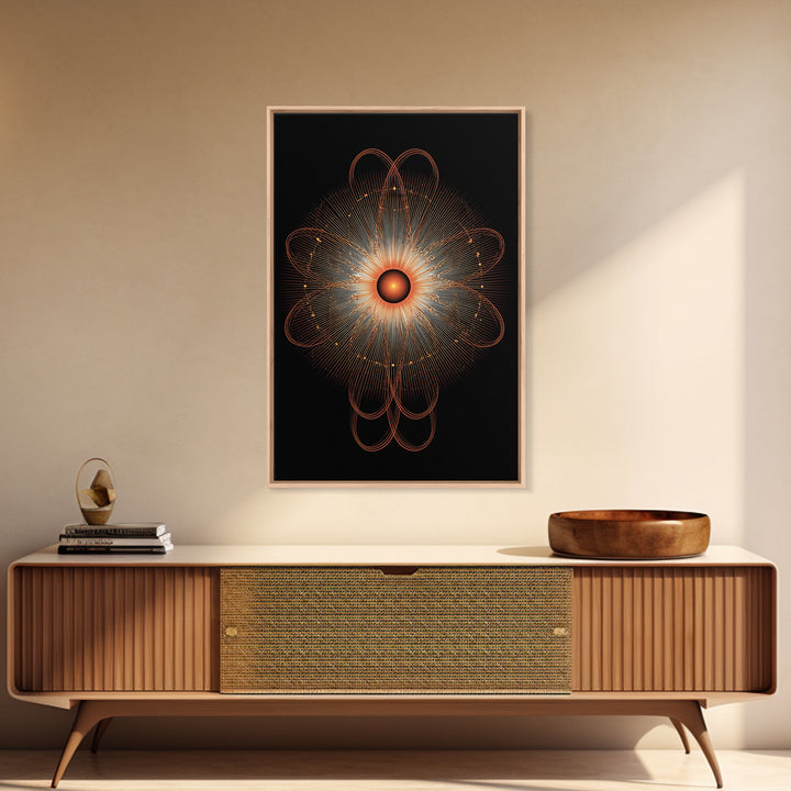 Orange Radiant Atomic Flower Framed Canvas Print, Midcentury Modern Abstract, Retro Geometric Wall Decor, MCM Office Art