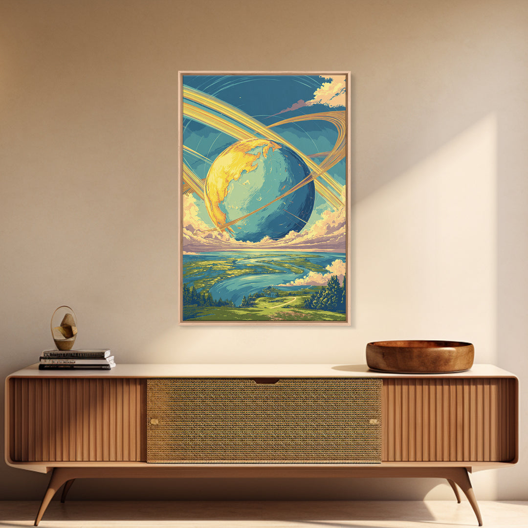 Dreamy Ringed Earth Landscape Wall Art, Retro Futuristic Travel Poster, Colorful Modern Space Decor, Scenic Canvas Print