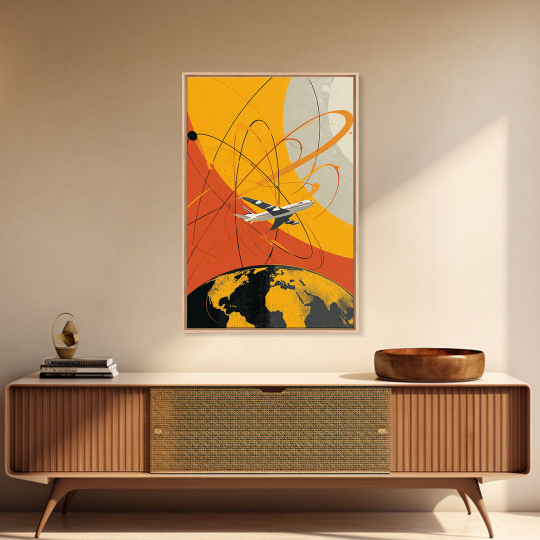 Orange Jet Airplane Orbit Wall Art, Retro Space Age Travel Poster, Midcentury Modern Aviation Decor, Bold Canvas Print For Office