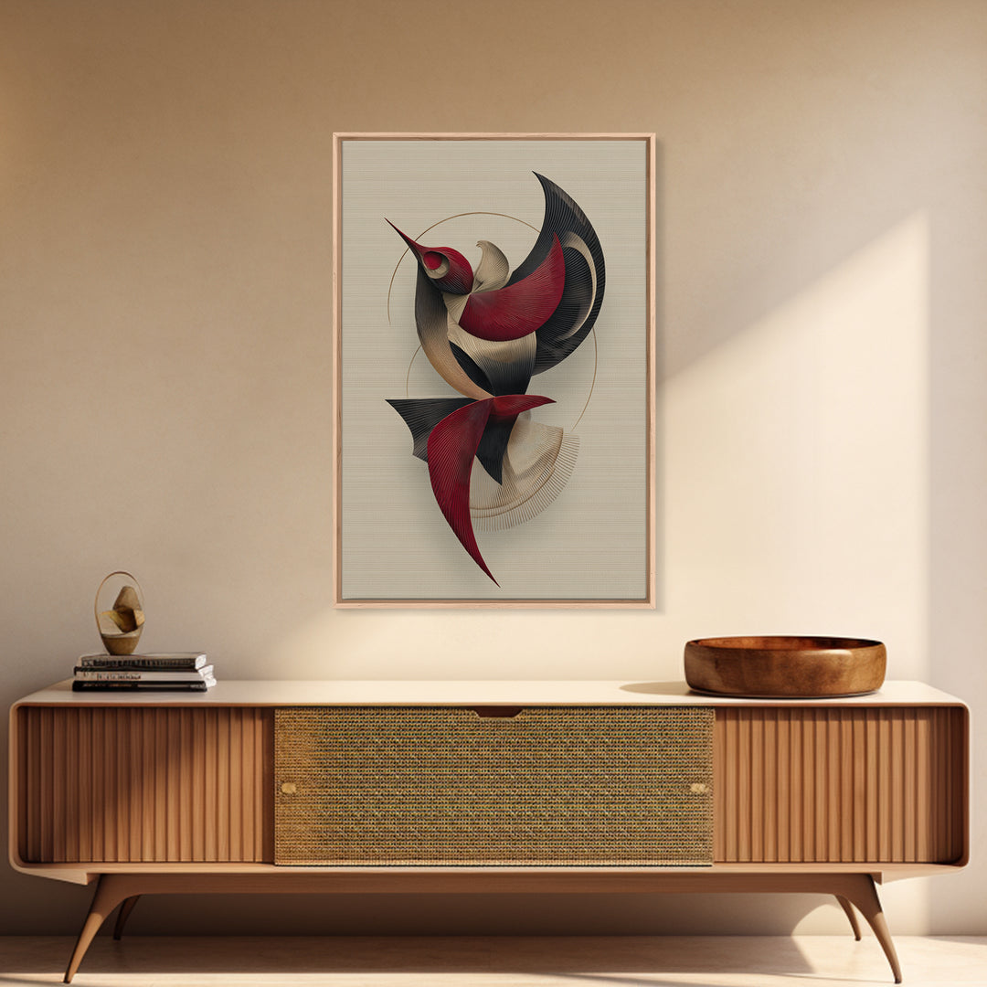 Red Black Beige Kinetic Abstract Bird Framed Canvas Print, Midcentury Modern Wall Art, Sculptural MCM Home Decor, Statement Piece