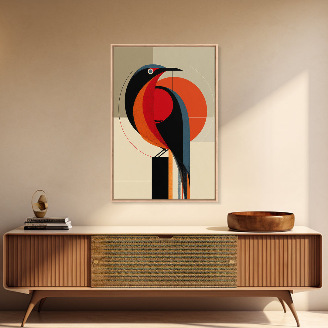 Orange Black Geometric Toucan Framed Canvas Print, Midcentury Modern Wall Art, Atomic Bird Poster, Bold MCM Decor, For Office