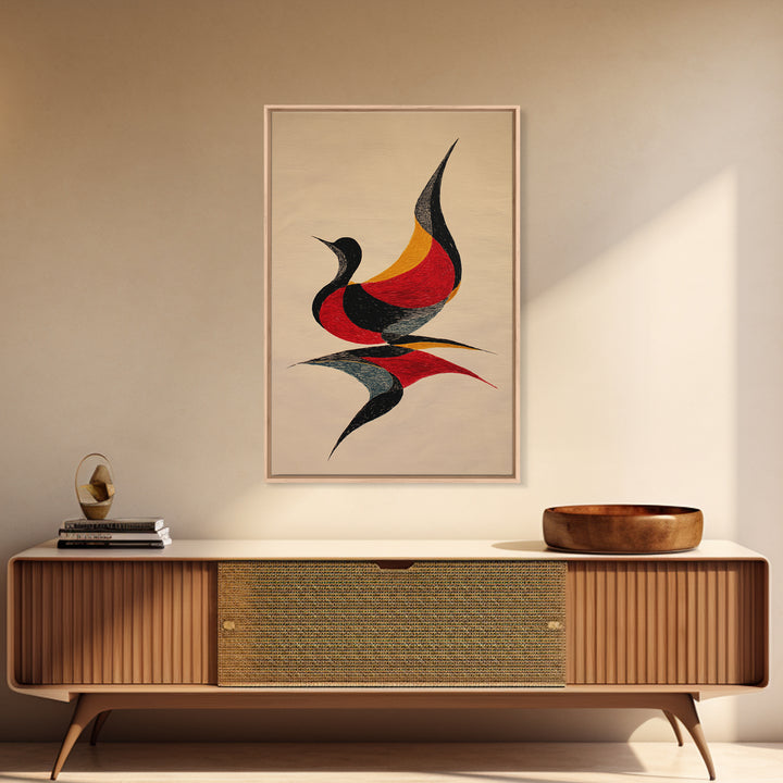 Red Black Abstract Bird Canvas Print, Midcentury Modern Wall Art, Retro Geometric Art, Warm Beige Living Room Decor, Gift