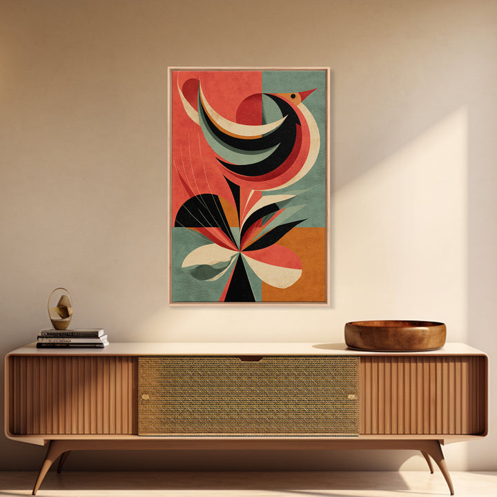 Retro Bird And Flower Wall Art, Midcentury Modern Canvas Print, Colorful Geometric Poster, MCM Botanical Home Decor, Gift
