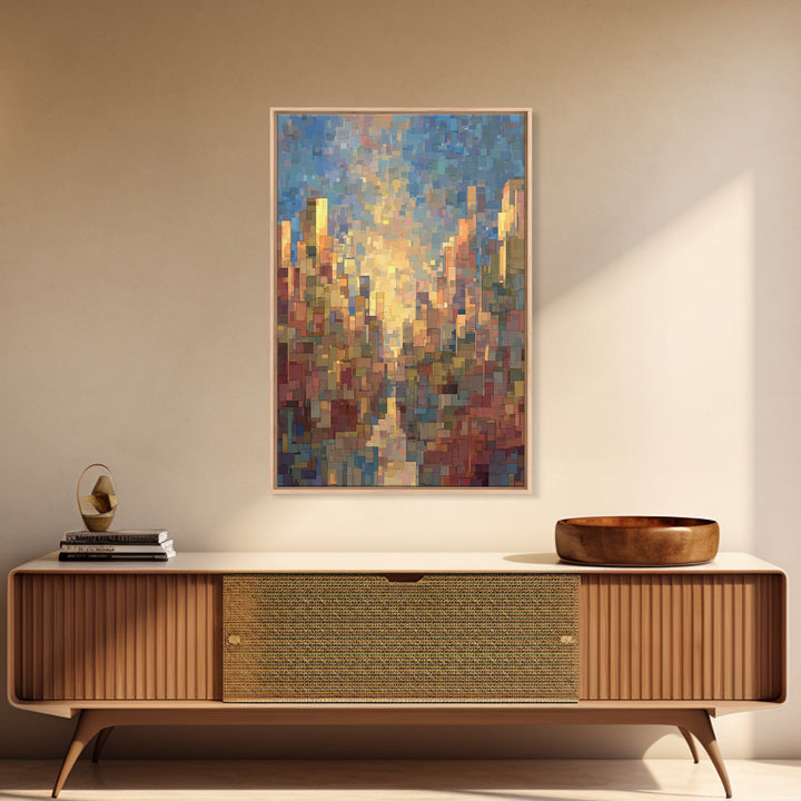 Pixelated Sunset Cityscape Wall Art, Modern Abstract Art Print, Urban Skyline Poster, Colorful Living Room Office Decor, Gift
