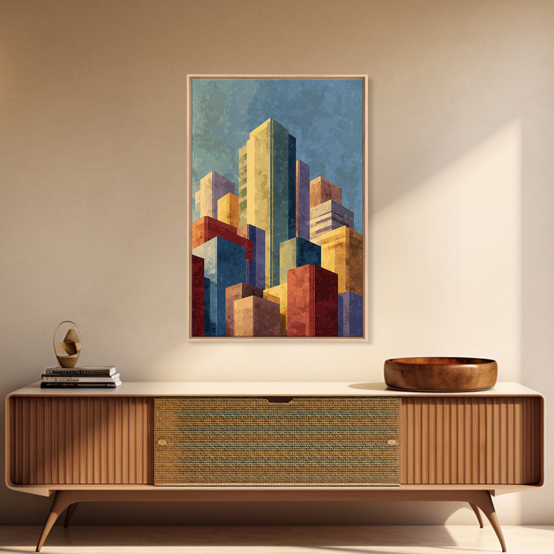 Golden Abstract City Skyline Wall Art, Mid Century Modern Print, Urban Architecture Decor, Colorful Office Living Room Poster