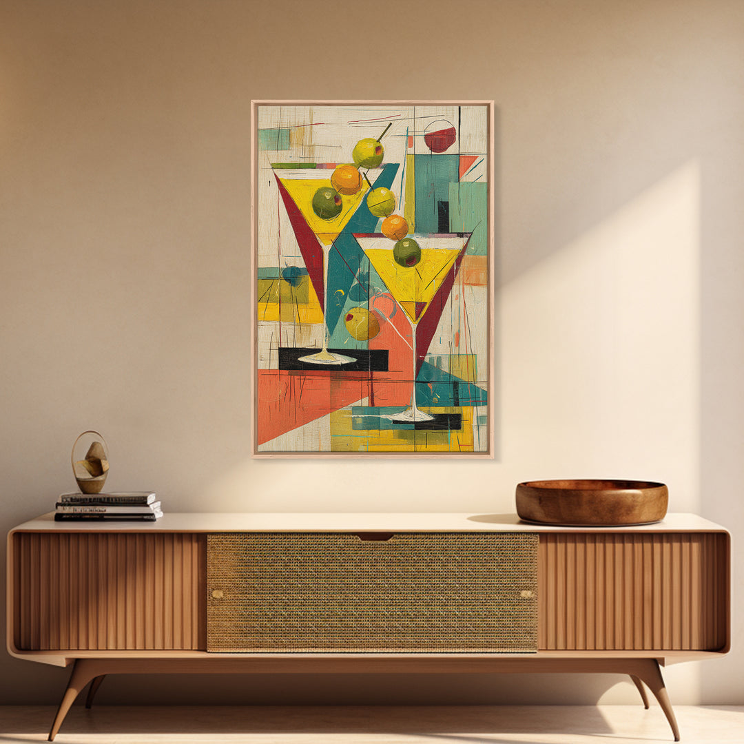 Retro Martini Glasses With Olives Wall Art, Mid Century Modern Bar Cart Decor, Cocktail Poster, Colorful Kitchen Art Print