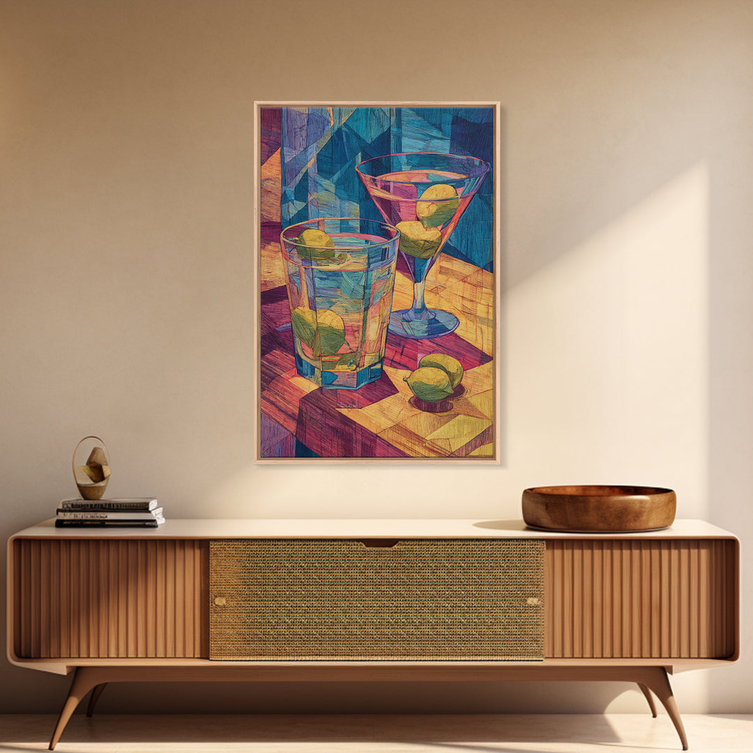 Cubist Cocktail Glasses With Limes Framed Canvas Print, Colorful Retro Wall Decor, Bar Cart Poster, Modern Kitchen Art Print