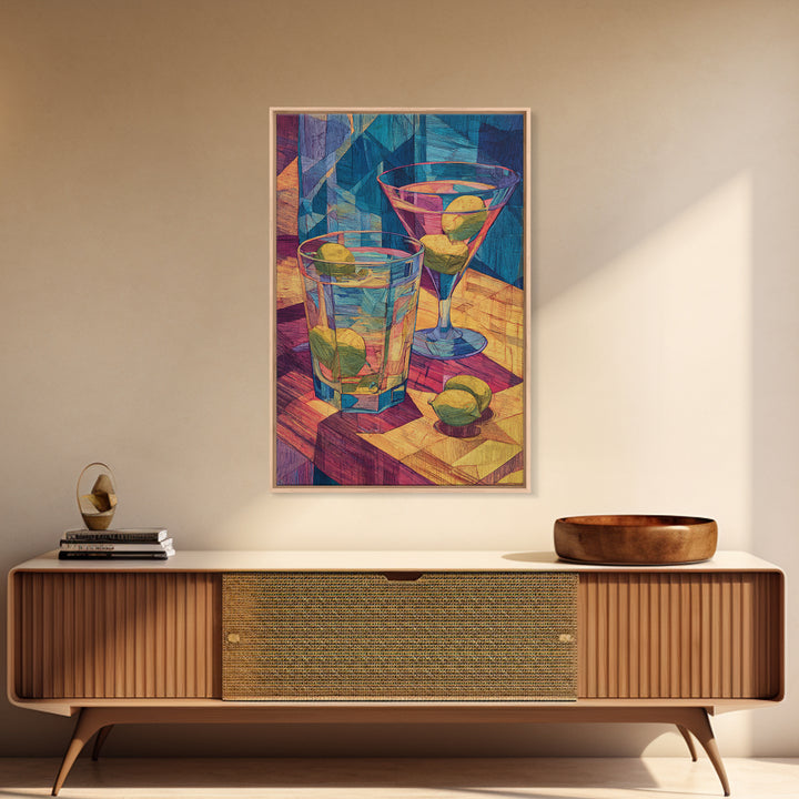 Cubist Cocktail Glasses With Limes Framed Canvas Print, Colorful Retro Wall Decor, Bar Cart Poster, Modern Kitchen Art Print