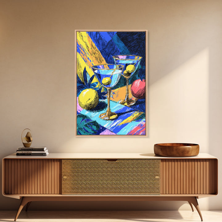 Bold Blue Martini Glasses With Lemons Canvas Print, Colorful Pop Art Bar Decor, Retro Cocktail Poster, Funky Kitchen Art