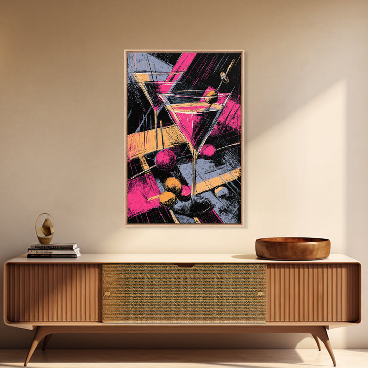 Neon Pink Martini Cocktail Wall Art, Retro Pop Art Bar Cart Decor, Maximalist Kitchen Poster, Bold Modern Canvas Print Gift