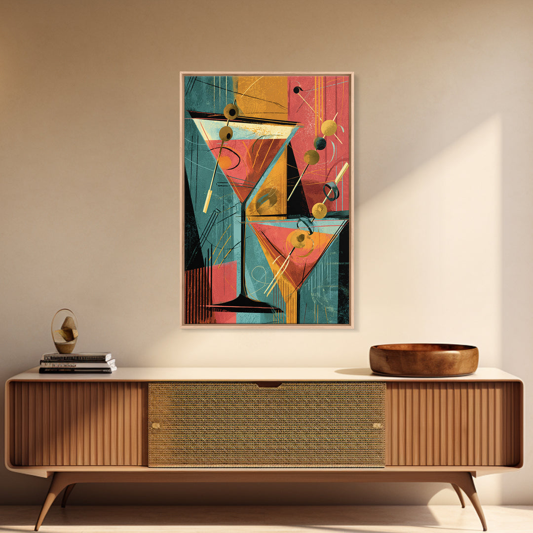 Atomic Martini Glasses With Olives Wall Art, Mid Century Modern Bar Decor, Retro Cocktail Poster, Geometric Kitchen Print