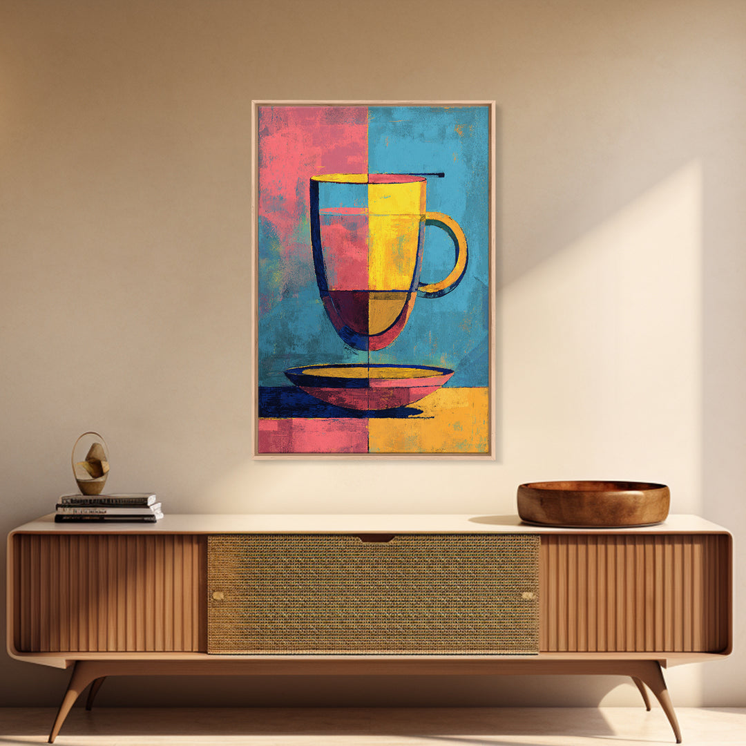 Colorful Modern Mug On Saucer Canvas Print, Mid Century Coffee Wall Decor, Abstract Kitchen Poster, Bold Cafe Art Print Gift