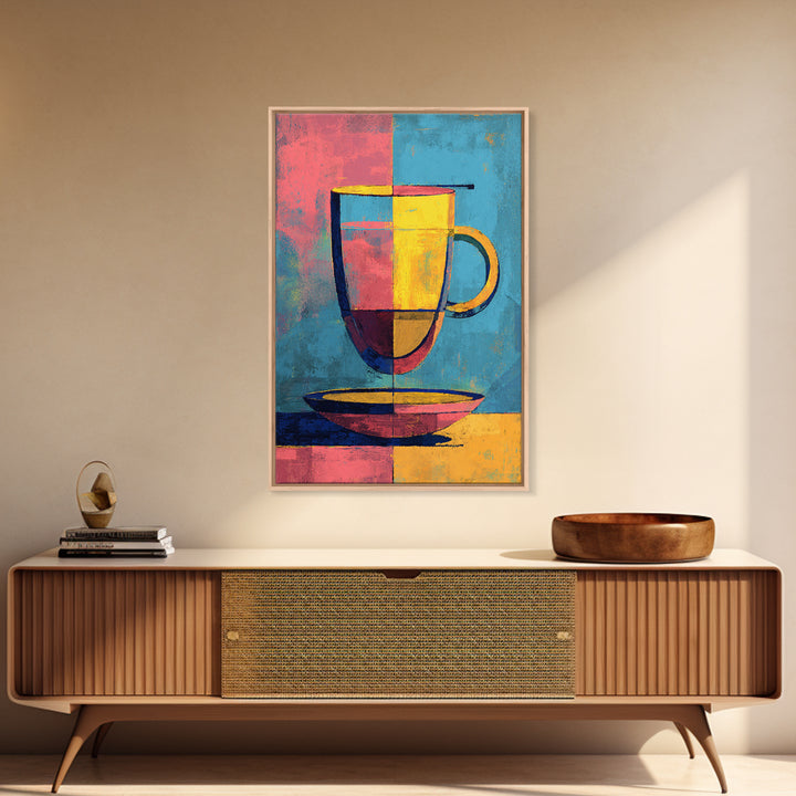 Colorful Modern Mug On Saucer Canvas Print, Mid Century Coffee Wall Decor, Abstract Kitchen Poster, Bold Cafe Art Print Gift