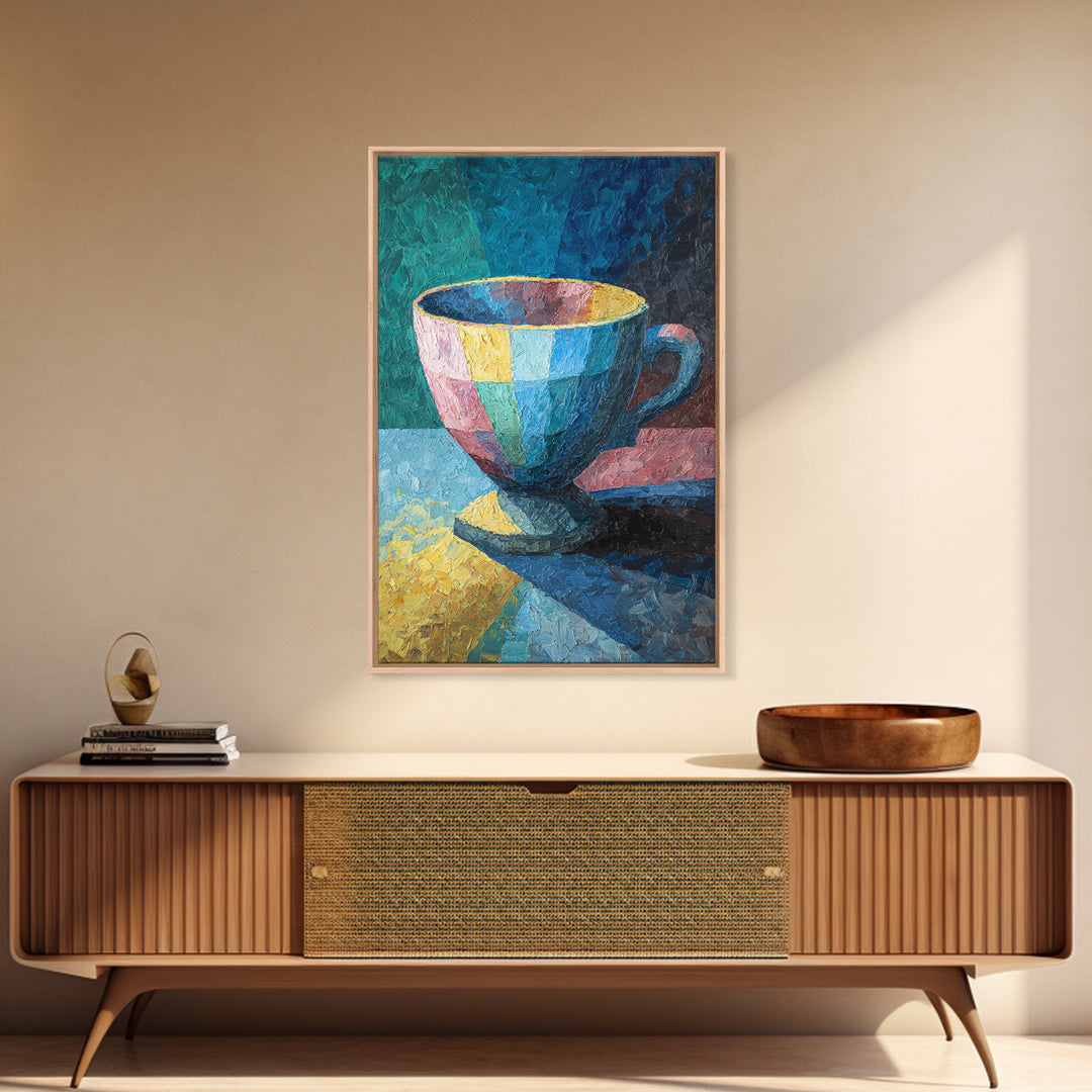 Colorful Teacup Oil Painting Canvas Print, Modern Kitchen Wall Art, Coffee Lover Gift, Vibrant Cafe Decor, Fine Art Print
