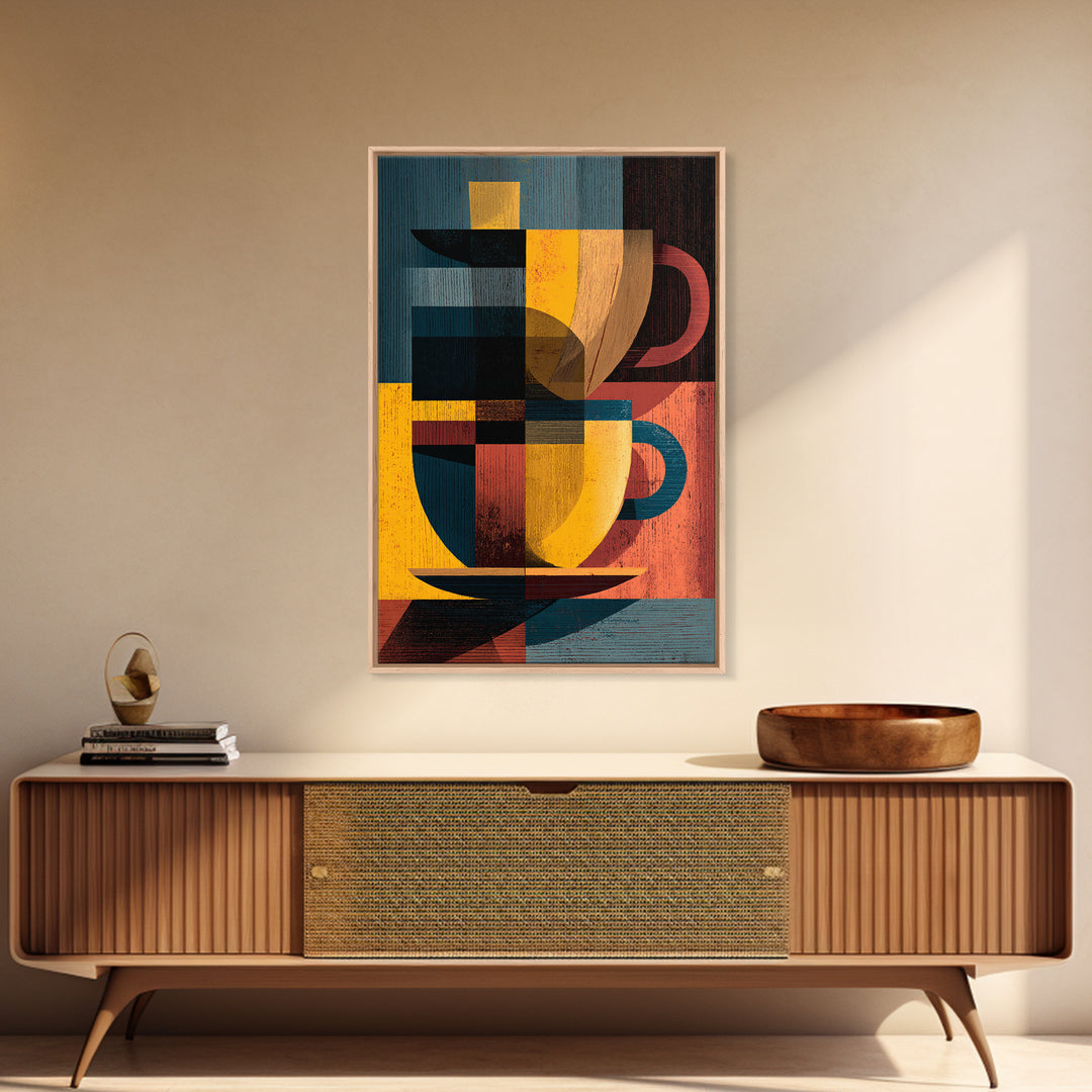 Geometric Cubist Coffee Cups Framed Canvas Print, Midcentury Modern Wall Art, Retro Kitchen Decor, Bold MCM Art Print, Home Decor