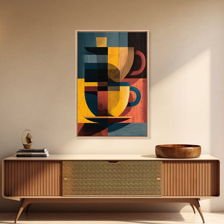 Geometric Cubist Coffee Cups Framed Canvas Print, Midcentury Modern Wall Art, Retro Kitchen Decor, Bold MCM Art Print, Home Decor