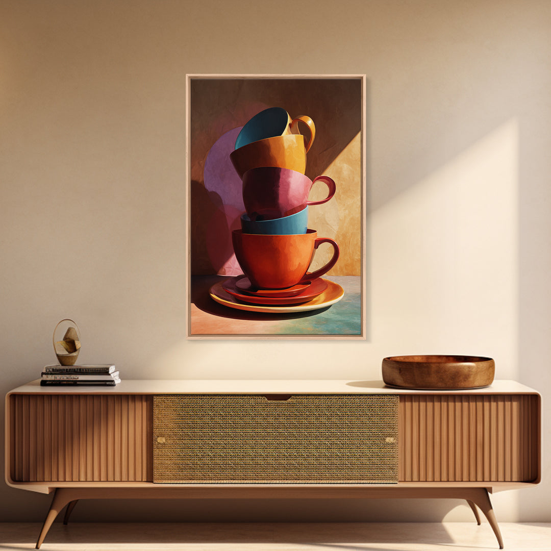 Stacked Colorful Coffee Cups Canvas Print, Modern Kitchen Wall Art, Retro Cafe Poster, Bright Home Decor, Coffee Lover Gift