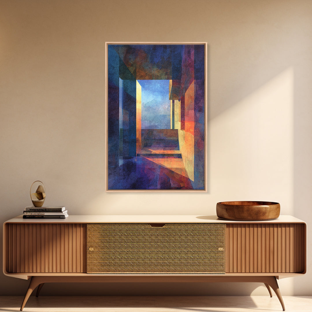 Abstract Architectural Hallway Canvas Print, Modern Wall Art, Geometric Perspective Art, Moody Blue Orange Home Office Decor