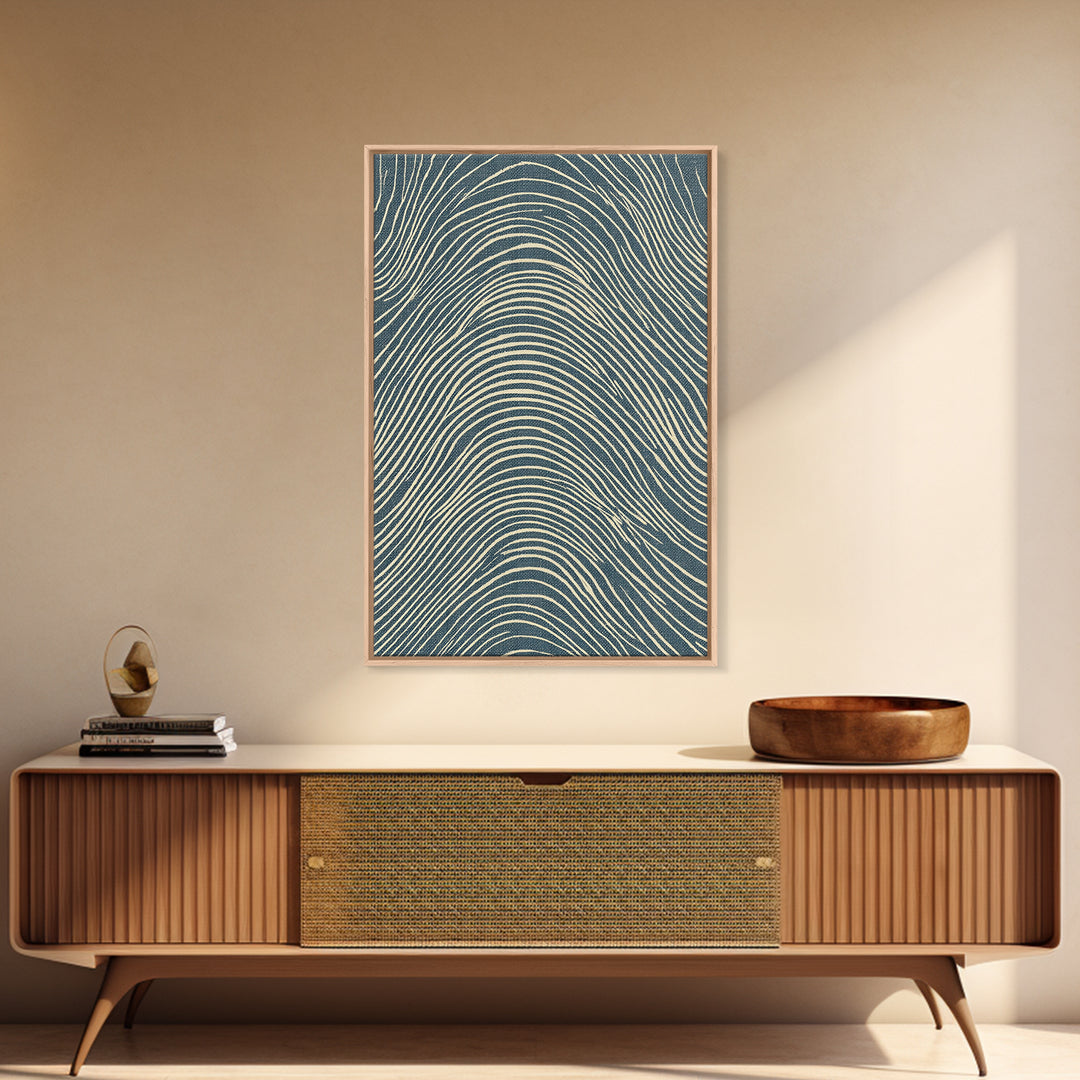 Teal Wavy Topographic Lines Abstract Wall Art, Midcentury Modern Art Print, Geometric Office Decor, Blue Beige Canvas Print
