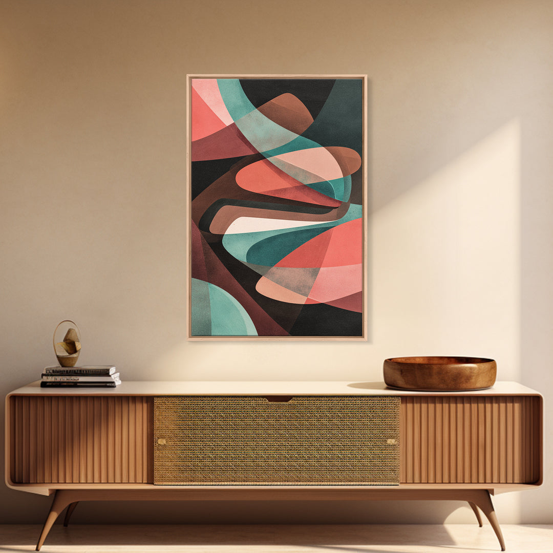 Coral Teal Dark Abstract Canvas Print, Modern Wall Art, Retro Geometric Decor, Moody Midcentury Living Room Poster, Home Office Art