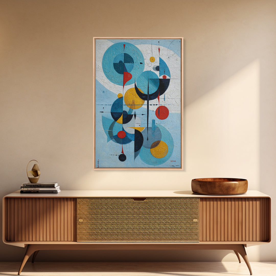 Blue Circle Bauhaus Framed Canvas Print, Midcentury Modern Wall Art, Atomic Geometric Artwork, Red Yellow MCM Decor, Living Room