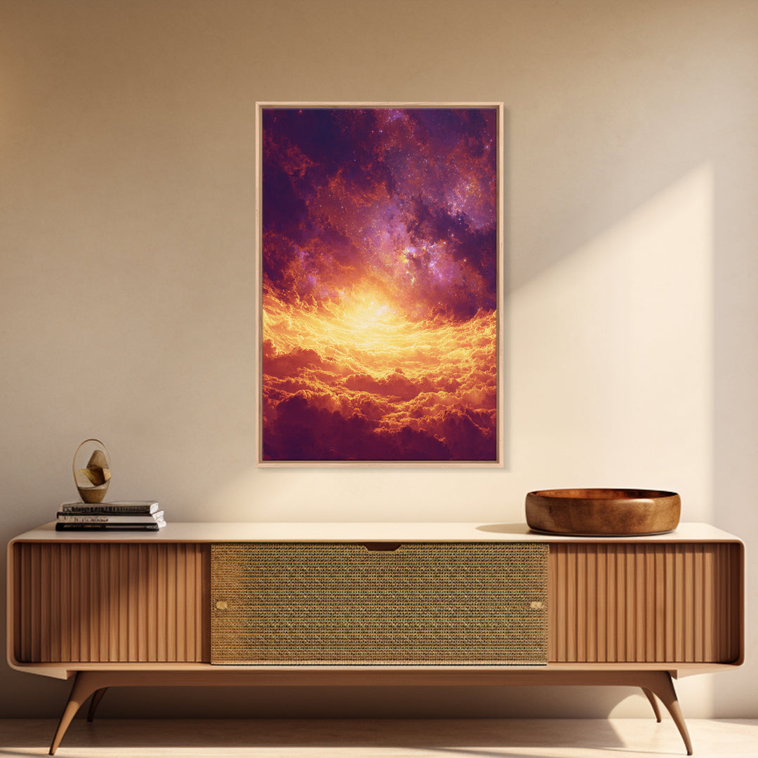 Fiery Celestial Cloudscape Canvas Print, Spiritual Wall Art, Galaxy Sky Poster, Orange Purple Modern Home Decor Gift, Bedroom Art
