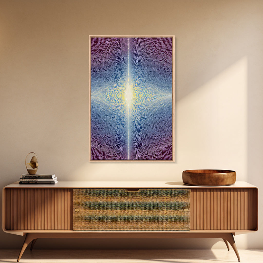 Purple Blue Radiant Light Beam Op Art Canvas Print, Modern Abstract Art, Psychedelic Wall Decor, Spiritual Digital Art Print