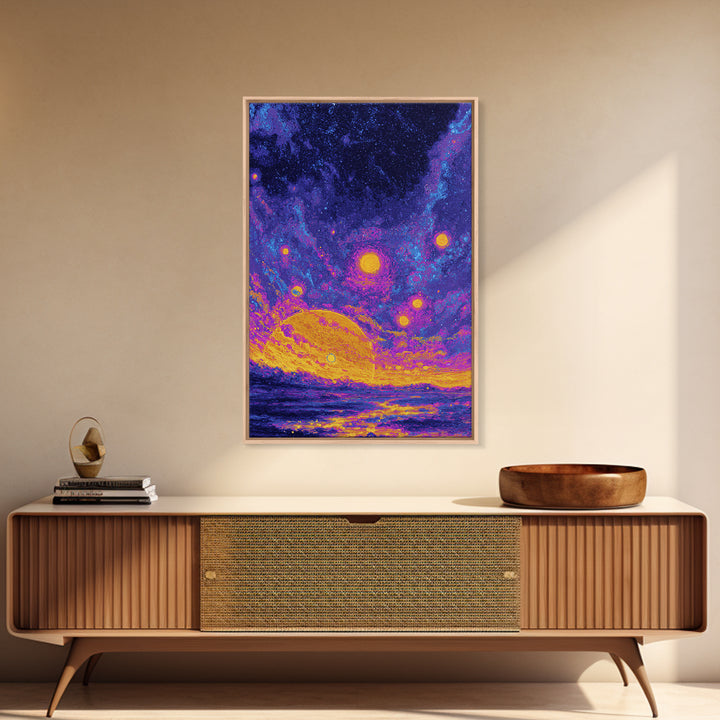 Starry Ocean Sunset Canvas Print, Cosmic Retro Wall Art, Yellow Purple Galaxy Decor, Dreamy Modern Seascape Poster, Living Room