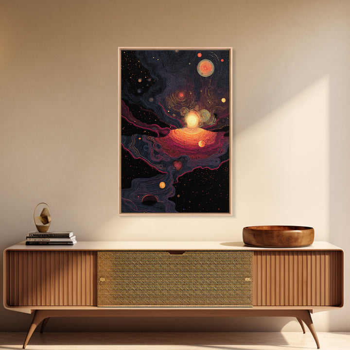 Cosmic Orange Nebula Planets Wall Art, Modern Abstract Art, Retro Sci Fi Decor, Space Poster, Statement Living Room Print