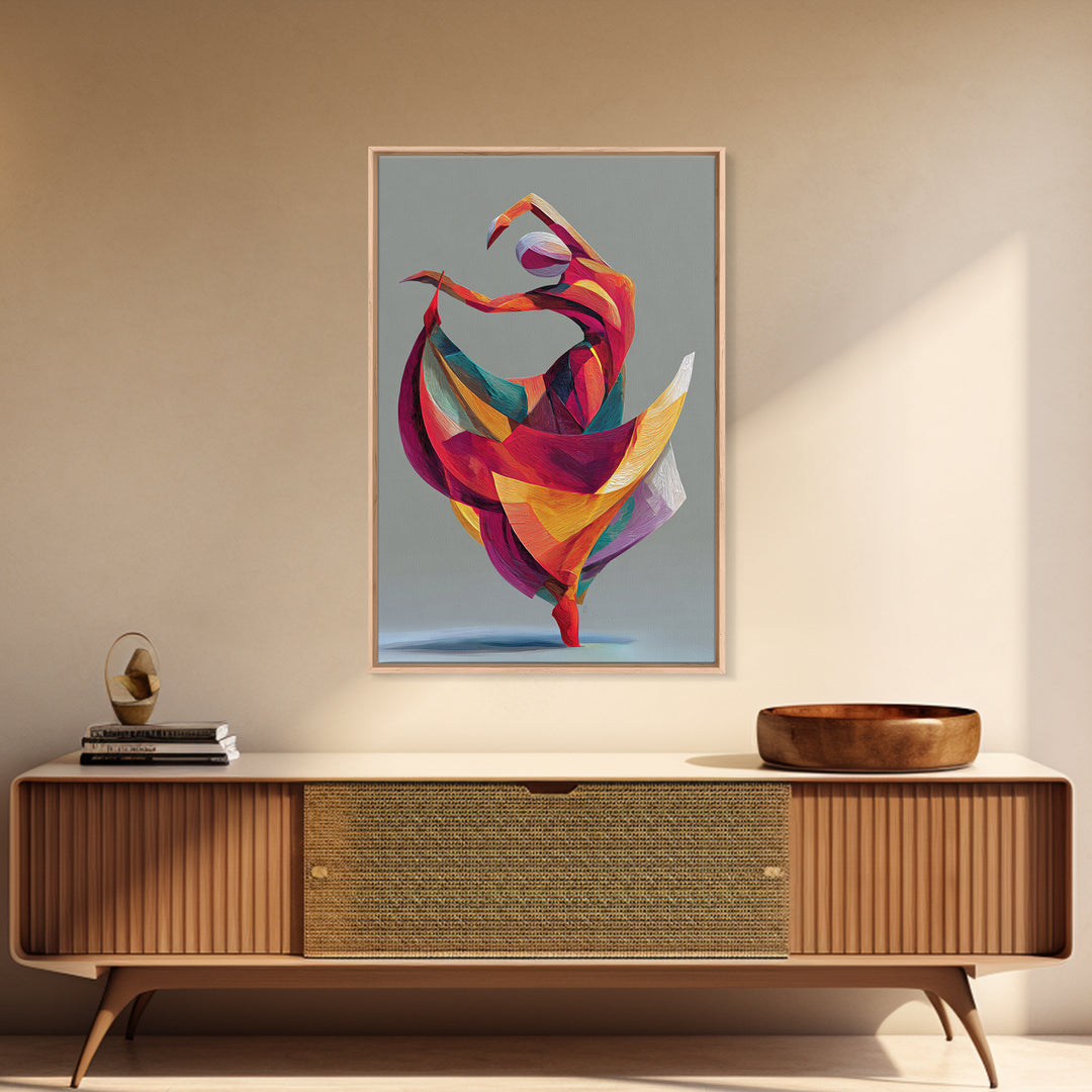 Colorful Geometric Dancer Framed Canvas Print, Modern Abstract Art, Bold MCM Wall Art, Textile Inspired Statement Decor Print