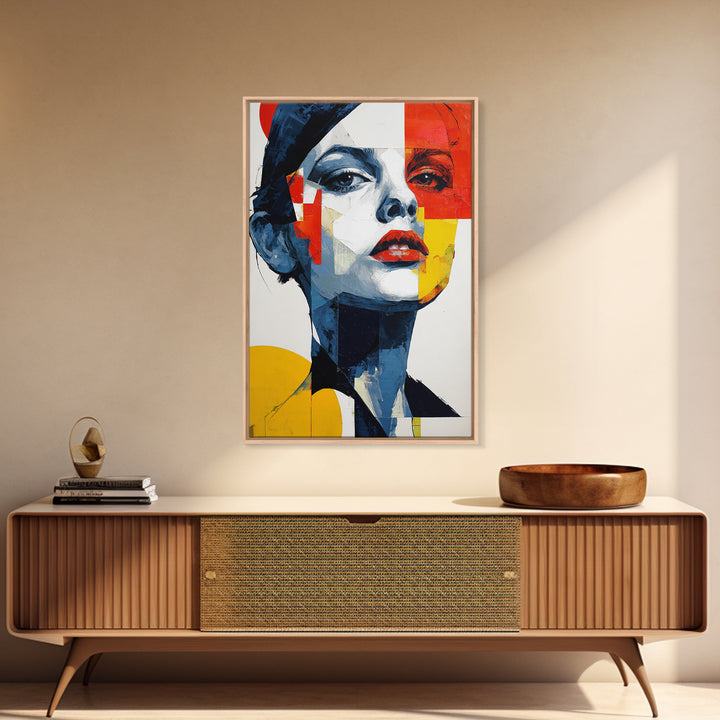 Bold Cubist Woman Portrait Framed Canvas Print, Red Yellow Blue Abstract Wall Art, Pop Art Poster, Modern Decor For Bedroom