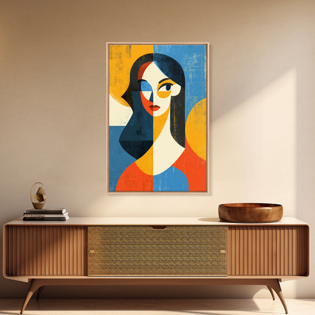 Geometric Midcentury Woman Portrait Canvas Print, Modern Abstract Art, Bauhaus Poster, Orange Blue Decor For Living Room