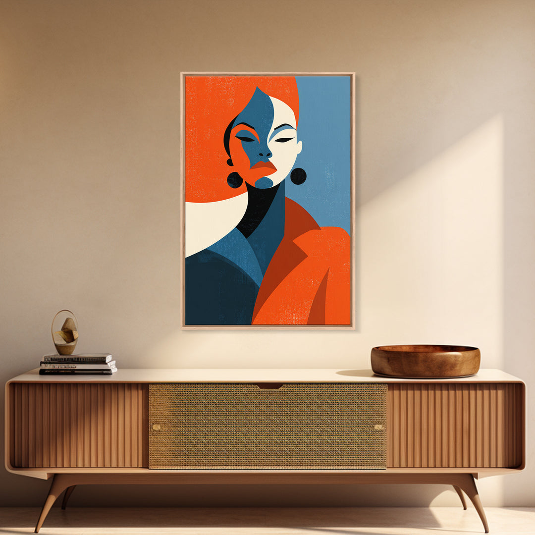 Elegant Orange Blue Woman Portrait Framed Canvas Print, Midcentury Modern Art, Fashion Wall Decor, Bold Retro Poster Gift