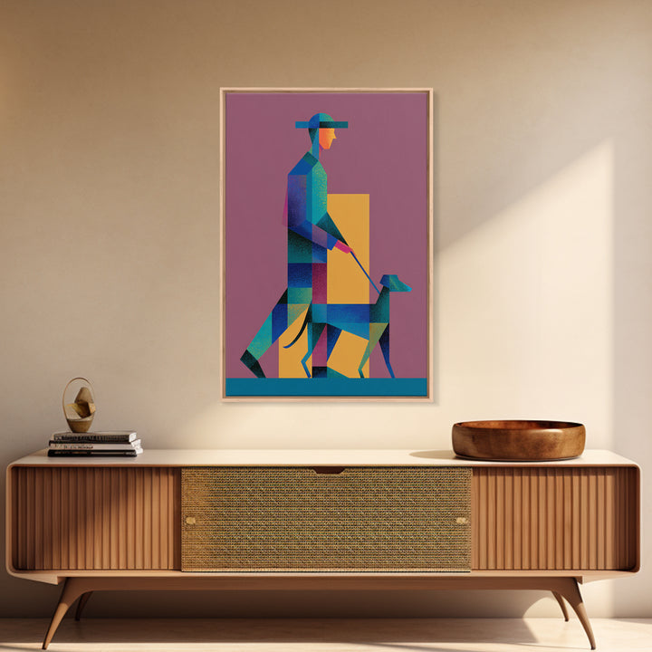 Geometric Man Walking Dog Canvas Print, Midcentury Modern Wall Art, Bauhaus Style Poster, Retro Pet Lover Home Decor Gift