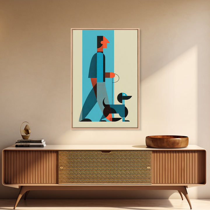 Midcentury Man With Dachshund Wall Art, Geometric Modern Art Print, Retro Dog Walker Poster, Minimalist Home Decor Gift For Dog Lovers