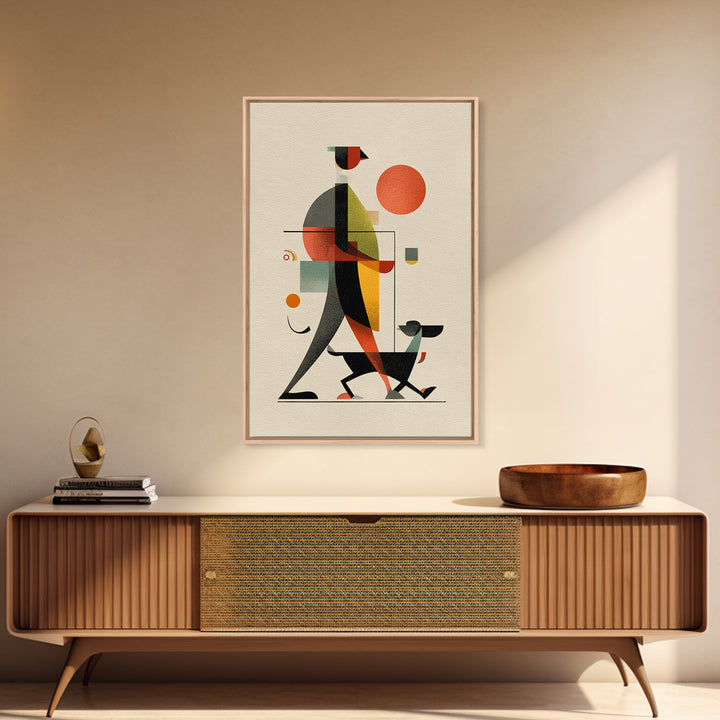 Bauhaus Man Walking Dog Framed Canvas Print, Midcentury Modern Wall Art, Geometric Sun Poster, Retro Home Office Decor Gift