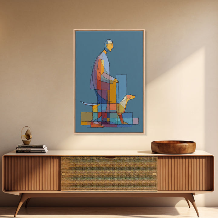 Transparent Geometric Man Dog Wall Art, Midcentury Modern Art Print, Abstract Line Drawing, Blue Bauhaus Living Room Decor
