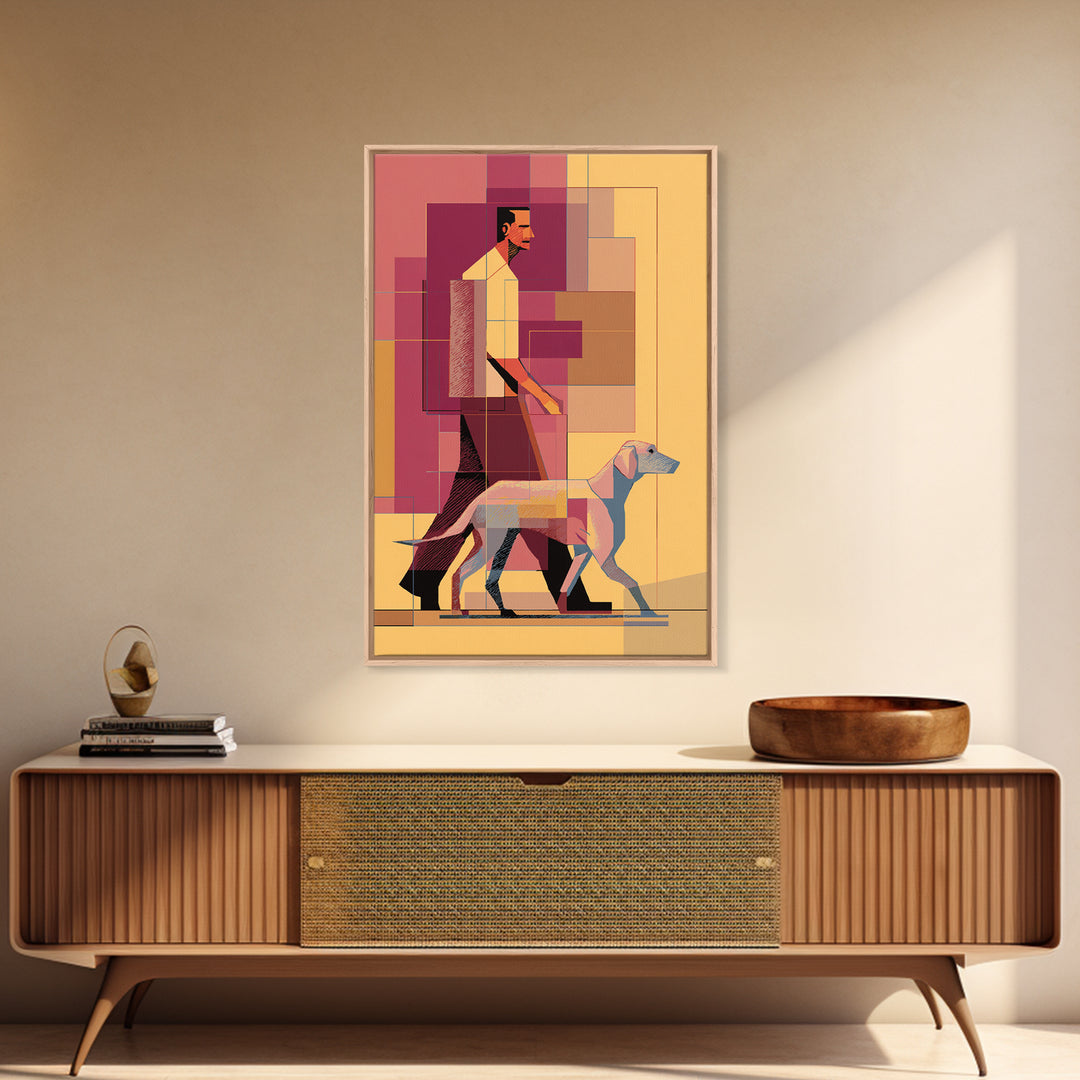 Pastel Man Walking Dog Canvas Print, Midcentury Modern Wall Art, Geometric Pink Orange Poster, Contemporary Pet Decor Gift