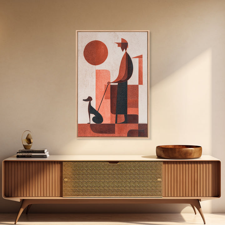 Retro Red Man With Dog Wall Art, Midcentury Modern Art Print, Geometric Sun Poster, Burnt Orange Home Decor Gift For Him