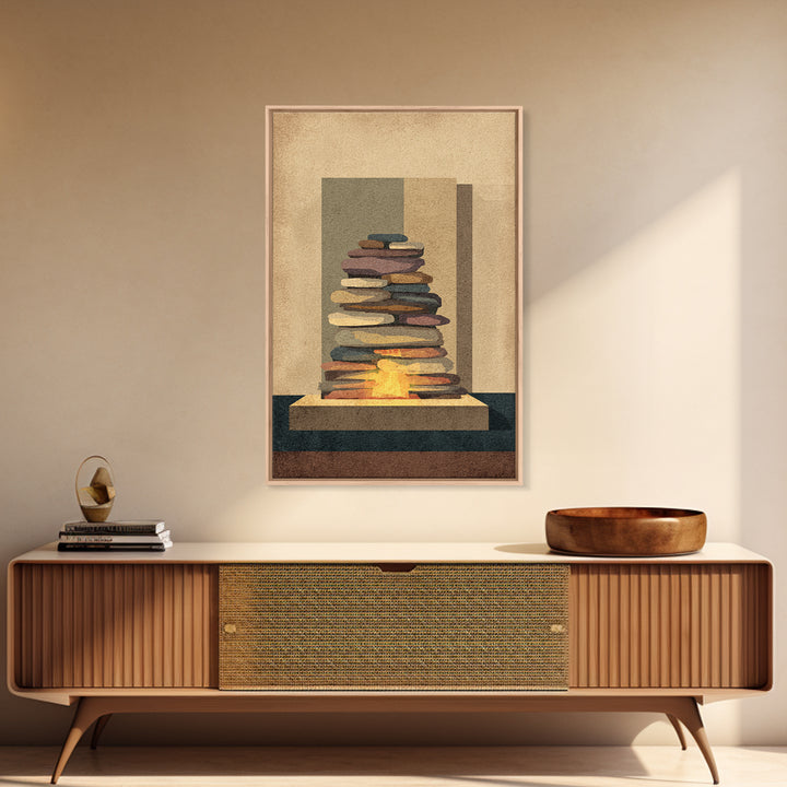 Stacked Stone Hearth With Glowing Fire Wall Art, Midcentury Modern Abstract Print, MCM Decor, Earth Tone Living Room Wall Decor