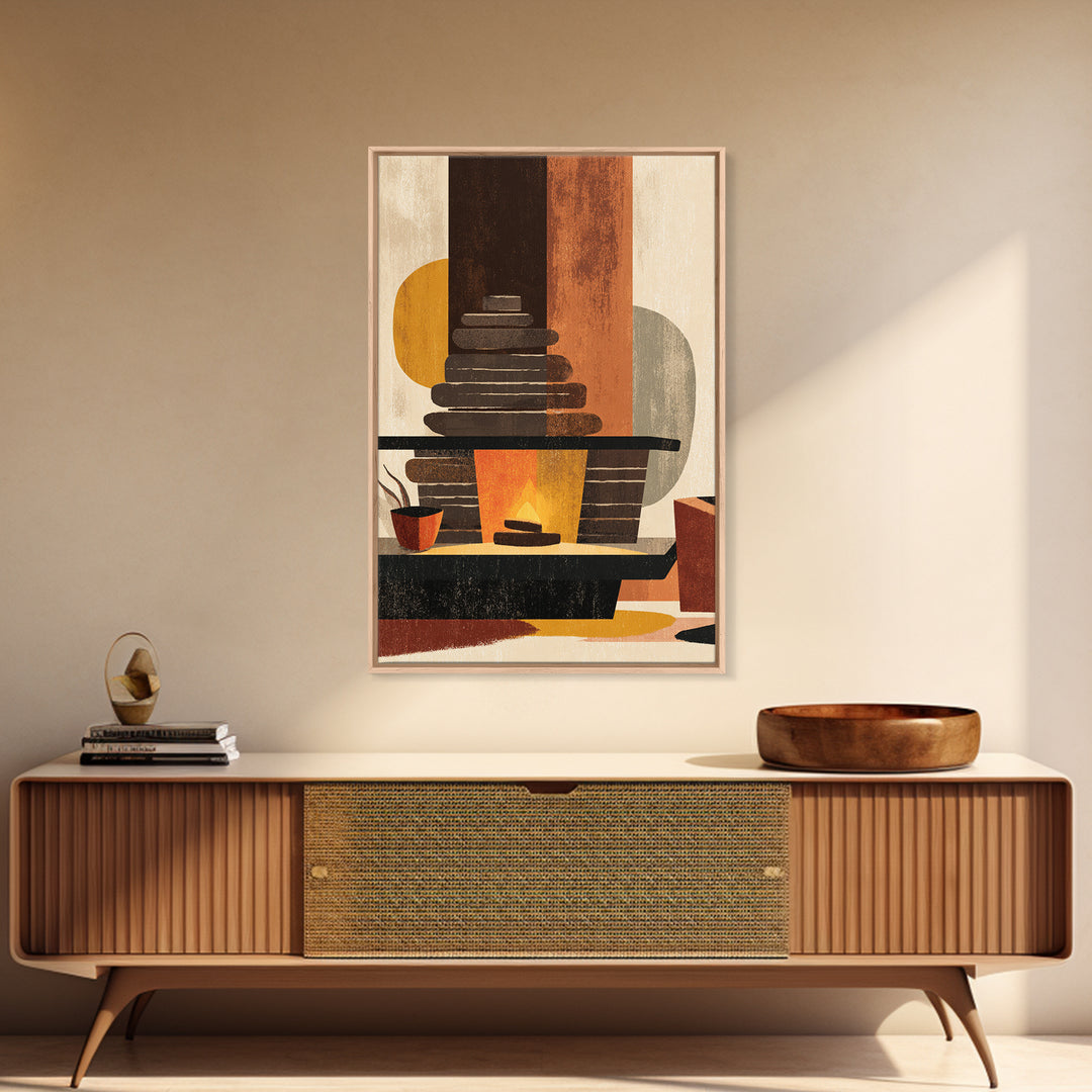 Retro Fireplace And Plant Canvas Print, Midcentury Modern Wall Art, Atomic Ranch Decor, Orange Teal Living Room Poster Prints
