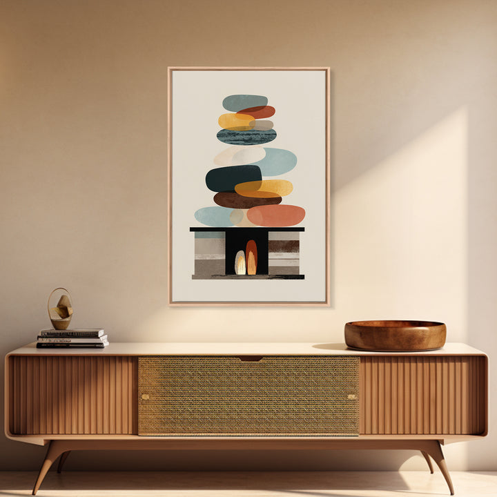 Balanced Pebble Stack Over Fireplace Framed Canvas Print, Midcentury Abstract Wall Art, Neutral MCM Decor, Colorful Home Art