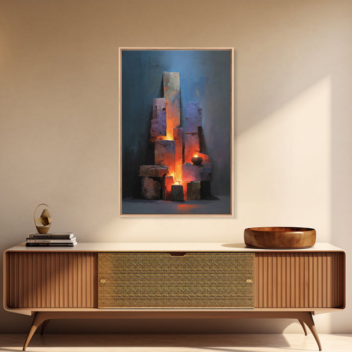 Glowing Brutalist Blocks And Candle Wall Art, Modern Abstract Art Print, Moody Blue Orange Decor, Industrial Home Office Poster