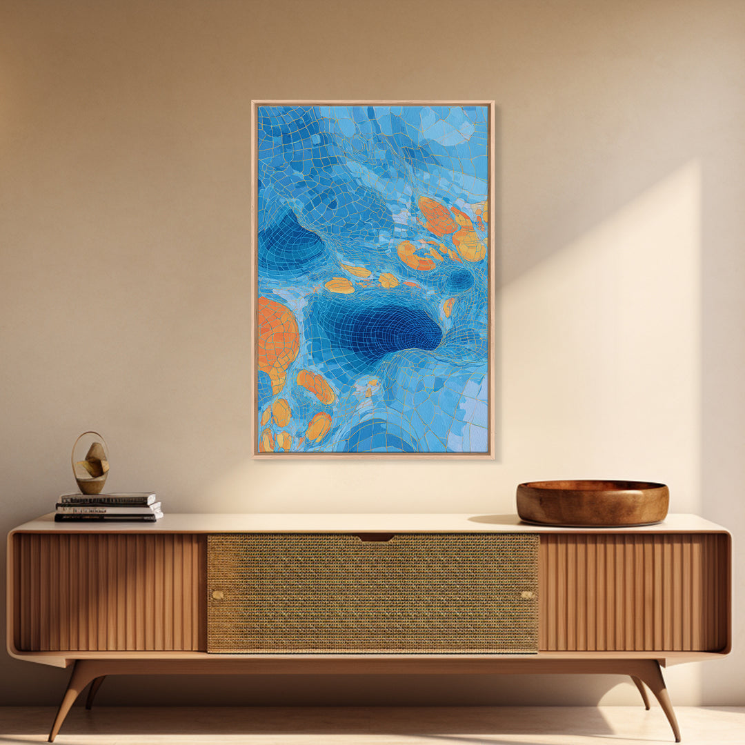 Blue Orange Warped Mosaic Grid Canvas Print, Modern Abstract Art, Op Art Wall Decor, Geometric Wall Art For Living Room Decor