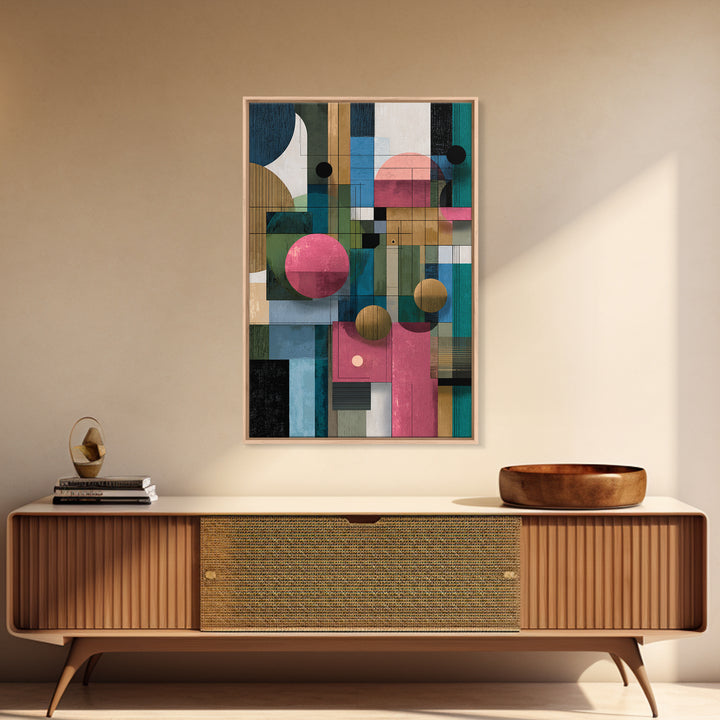 Teal Pink Geometric Architectural Collage Wall Art, Midcentury Modern Print, Bauhaus Abstract Decor, Colorful Home Office Art