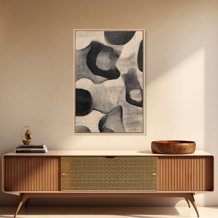 Black Beige Organic Textile Mesh Canvas Print, Minimalist Abstract Wall Art, Neutral Modern Decor, Scandinavian Home Poster